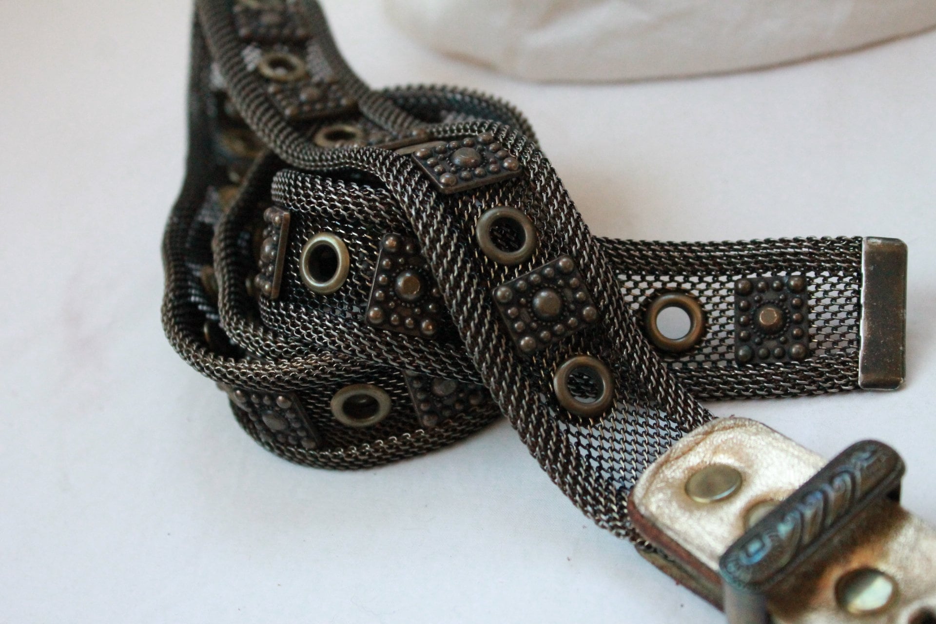 Vintage Sand‎ Castle USA Leather Silver Metal Mesh Boho Western Native Detailed Mesh Metal BELT by Sand Castle, 41 main image 2