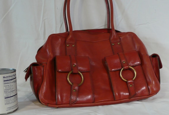 MAXX New York Red Leather Satchel Handbag, Glazed, Pockets, Retro