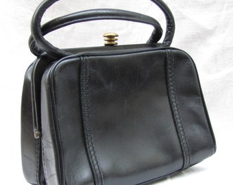 Black Leather Top Handle Handbag with Unique Knob Closure, Tailored and Classic - 1960's