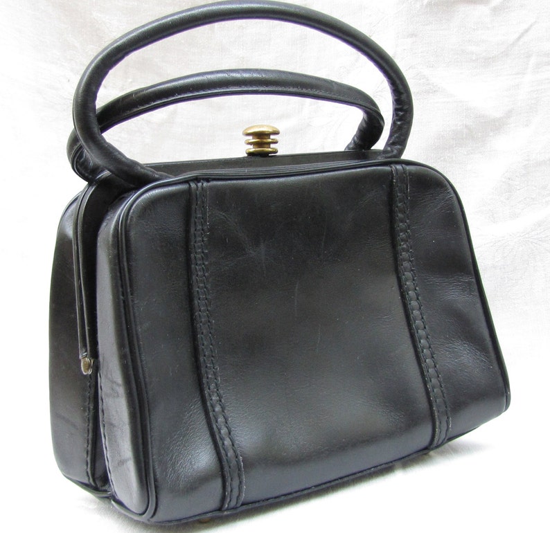 Black Leather Top Handle Handbag With Unique Knob Closure Etsy
