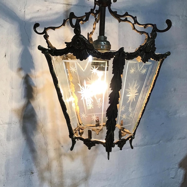 Spanish Revival SWAG Chandelier Lantern, Filligree, Brass Cage, 5 Etched Glass Panels, 1950s Vintage
