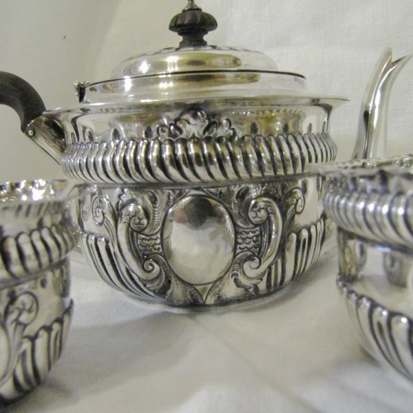 Antique  Sterling Silver Tea Set / Service / Teapot, Creamer, Sugar by Nathan & Hayes of  Birmingham 1894