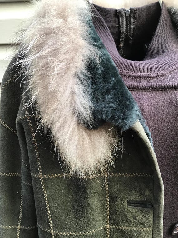 Green Patchwork Shearling Jacket, Fox Trim Collar… - image 7