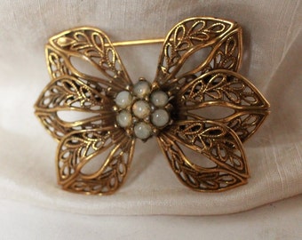 Vintage Brass Moonstone Butterfly Brooch - Art Nouveau