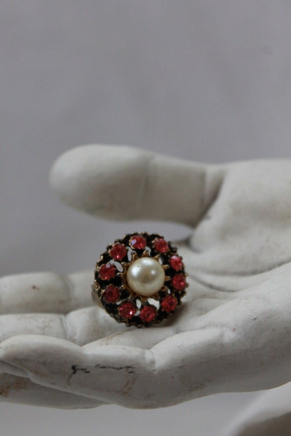 Pearl and Pink Rhinestone Cocktail Statement Ring,