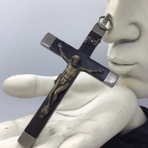 Large 4.5” CRUCIFIX CROSS, Ebony, Brass, German Silver, Gothic, Nun’s, 1940’s