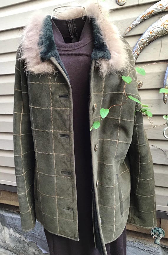Green Patchwork Shearling Jacket, Fox Trim Collar… - image 2