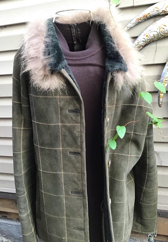 Green Patchwork Shearling Jacket, Fox Trim Collar… - image 4