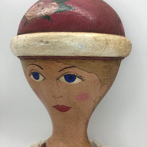 Folk Art Portrait Spindle Wall Hanging, Hand-Painted Reclaimed Wood Finial, Vintage 1995