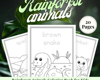 Libro da colorare sugli animali della foresta pluviale per bambini dai 3 ai 7 anni, PDF stampabile, pagine da colorare di animali della giungla per bambini