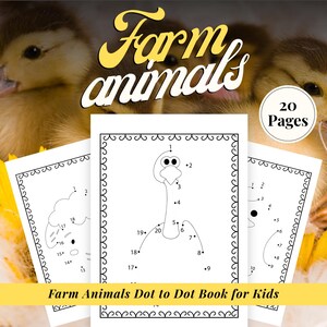 May include: A stack of white "Farm Animals Dot to Dot Book for Kids" activity books with a yellow and brown background. The cover features a cartoon duckling. Each page has a black and white dot-to-dot drawing of a farm animal. The book has 20 pages.