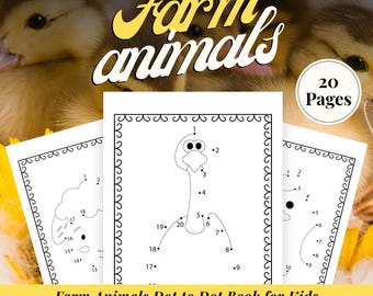 Farm Animals Dot-to-Dot Coloring Book for Kids Ages 4-7, Printable PDF, Connect the Dots Number Activity