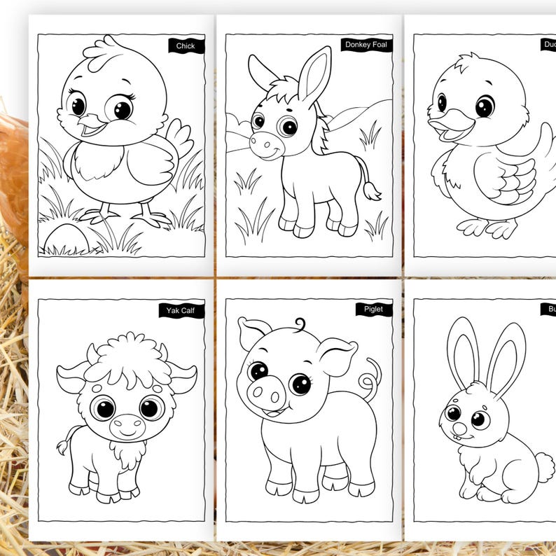May include: Six coloring pages featuring cartoon farm animals: a chick, donkey foal, duck, yak calf, piglet, and bunny. Each animal is outlined in black on a white background, with the animal's name printed above. The pages are designed for children's coloring activities.