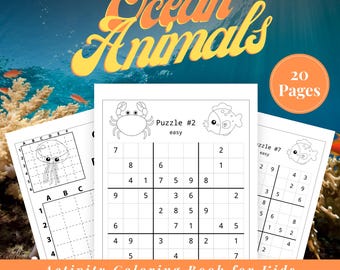 Libro di attività sugli animali marini per bambini dai 4 ai 7 anni, libro da colorare di animali marini in formato PDF stampabile, disegni da colorare, labirinti e puzzle, quaderno di lavoro sull'oceano di 20 pagine.