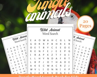 Libro di ricerca di parole a tema giungla per bambini, puzzle di attività per bambini, PDF stampabile, attività con puzzle di animali per bambini