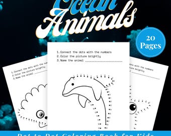 Libro da colorare "Unisci i puntini" con animali marini per bambini dai 4 ai 7 anni, PDF stampabile, attività "Unisci i puntini", 20 pagine