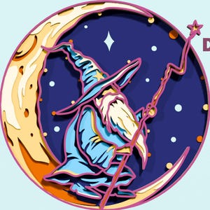 May include: A layered circular digital design featuring a wizard in a blue robe and pointed hat, holding a star-topped staff against a crescent moon and dark blue starry sky. The text SVG, AI, and DXF is visible in the upper right corner.