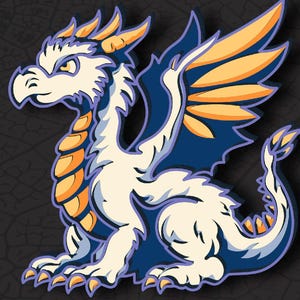 May include: A stylized dragon illustration with a white body, blue wings, and orange accents. The dragon is sitting with its wings spread. The image includes the text "DXF AI SVG DIGITAL FILE FOR LASER CUT".