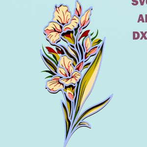 Könnte beinhalten: Ein florales Design mit cremefarbenen Blütenblättern, roten Akzenten und grünen Blättern, umrandet in Hellblau. Das Bild enthält den Text "SVG, AI, DXF" in einer vertikalen Spalte. Das Design befindet sich vor einem hellblauen Hintergrund.