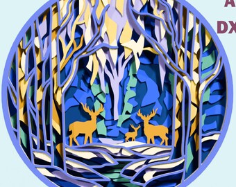 Deer. Landscape Multilayer Laser cut, 3D Layered SVG, Cricut wall decor, Shadow Box, DXF