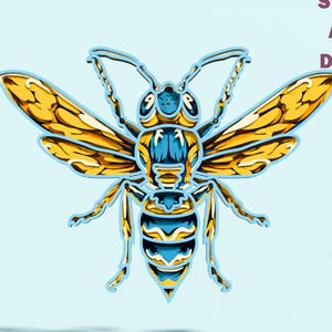 May include: A layered paper-cut style illustration of a wasp featuring vibrant yellow and blue segments with intricate wing details. The design includes the text SVG, AI, and DXF in the upper right corner, presented on a light blue background.