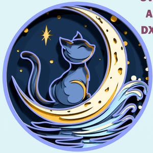 Cat on Moon Multilayer Laser cut, 3D Layered SVG, Cricut wall decor, Shadow Box