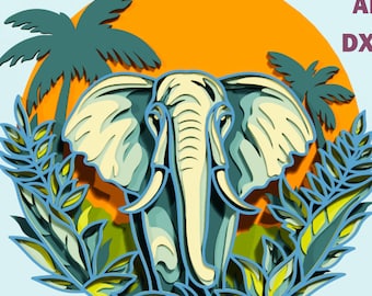 Elephant Multilayer Laser cut, 3D Layered SVG, Cricut wall decor, Shadow Box, DXF Template
