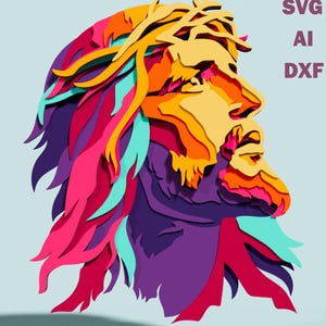 May include: A colorful layered paper art portrait of a man with a crown of thorns. The artwork features vibrant hues of yellow, orange, pink, purple, and teal. The image includes the text "SVG AI DXF".
