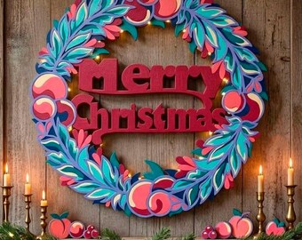 May include: A circular wall decoration featuring a layered design of teal, blue, and pink leaves and fruit, with the red text Merry Christmas in the center. The piece is illuminated by small lights and displayed above a fireplace mantel.