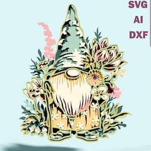Gnome floral multicouche découpé au laser, SVG 3D, décoration murale Cricut, boîte à ombres, DXF