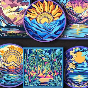 Puede incluir: Una colección de obras de arte coloridas con temática de atardecer. Las imágenes presentan diseños de corte de papel en capas de paisajes con montañas, agua y soles. La paleta de colores incluye azules, naranjas y morados. El texto "Sunset Bundle" está en la parte inferior.
