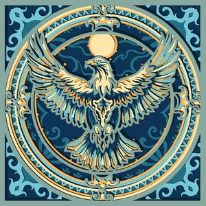 May include: Layered digital art featuring an eagle with outstretched wings, set within a circular design. The artwork uses shades of blue, gold, and cream. The text "DXF AI SVG DIGITAL FILE FOR LASER CUT" is at the bottom.