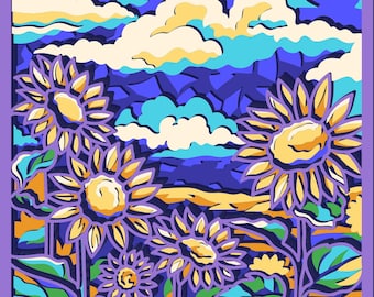 Girasoles. Paisaje multicapa cortado con láser, SVG 3D en capas, decoración de pared con Cricut, caja de sombras