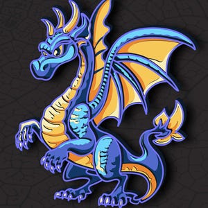 May include: A stylized illustration of a blue and yellow dragon with a dark background. The dragon has large wings and is in a dynamic pose. Text at the bottom reads "DXF AI SVG DIGITAL FILE FOR LASER CUT".