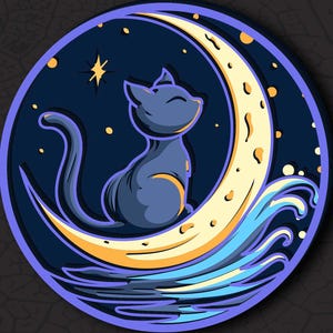 May include: A layered digital art design featuring a blue cat seated on a crescent moon. The cat is gazing at a star in a dark blue night sky. The moon is yellow with orange accents, and the design includes blue waves. Text at the bottom reads: DXF AI SVG DIGITAL FILE FOR LASER CUT.