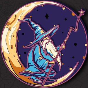 May include: A digital file for laser cut featuring a wizard with a long white beard and blue robes, seated on a crescent moon. The wizard holds a staff with a star on top, set against a dark purple background with stars. Text at the bottom reads "DXF AI SVG".