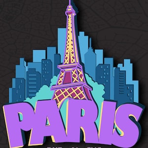 May include: A layered paper art design featuring the Eiffel Tower in Paris, France, with a cityscape backdrop. The word "PARIS" is in large, purple, 3D letters. The design includes the text "DXF AI SVG DIGITAL FILE FOR LASER CUT".