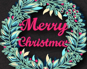 May include: A decorative Christmas wreath design with the words "Merry Christmas" in pink script. The wreath is composed of blue, teal, and cream-colored leaves and berries, set against a dark background. The image also includes text indicating it's a digital file for laser cut.