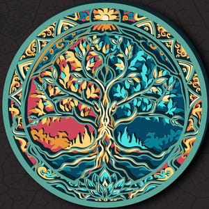 Puede incluir: Un diseño circular en capas con un motivo de árbol de la vida. La obra de arte utiliza tonos de verde azulado, naranja, amarillo y rojo. El diseño incluye el texto "DXF AI SVG DIGITAL FILE FOR LASER CUT".