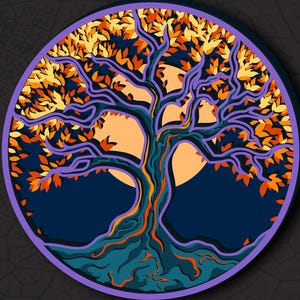 Puede incluir: Una obra de arte digital en capas que presenta un árbol estilizado dentro de un círculo con borde púrpura. El árbol tiene hojas naranjas y amarillas, un tronco azul-verdoso y ramas púrpuras sobre un fondo azul oscuro. El texto "DXF AI SVG DIGITAL FILE FOR LASER CUT" está en la parte inferior.