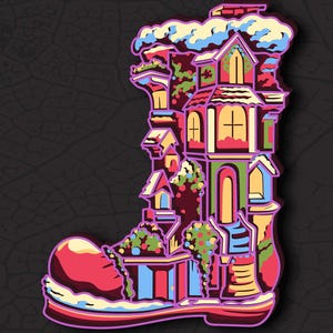 May include: A vibrant illustration of a boot-shaped building, featuring multiple levels, windows, and a chimney. The design uses red, pink, blue, and yellow. The text "DXF AI SVG DIGITAL FILE FOR LASER CUT" is at the bottom.