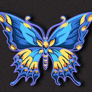 Puede incluir: Un diseño de mariposa de papel en capas en tonos azules, amarillos y naranjas, sobre un fondo oscuro. La imagen incluye el texto "DXF AI SVG DIGITAL FILE FOR LASER CUT".
