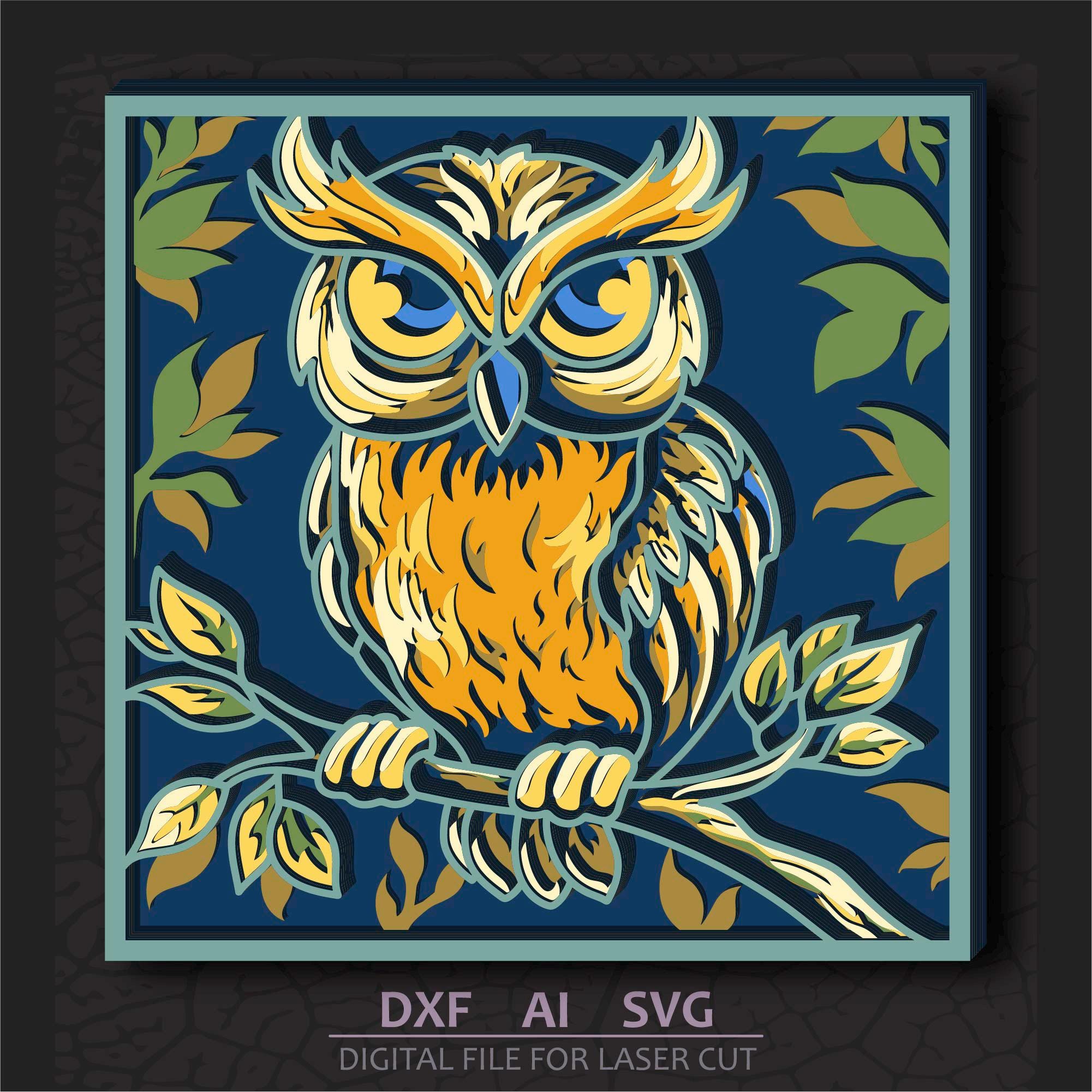 Owl Multilayer Laser cut, 3D Layered SVG, Cricut wall decor, Shadow Box, DXF Template