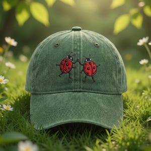 May include: A green baseball cap with a curved brim. Two embroidered red ladybugs with black details are holding hands on the front. The cap is set against a backdrop of green grass and flowers.