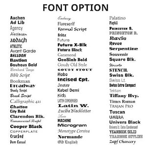 Puede incluir: Una tabla en blanco y negro titulada FONT OPTION que enumera varios nombres de tipos de letra en sus respectivos estilos, incluyendo Aachen, Ad Lib, Agency, Airstream, Ardagh, Athletic, Avant Garde, Balloon, Bastion, Bauhaus Bold, Bernhard Tango.