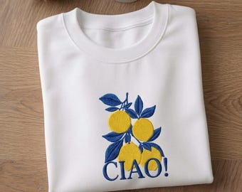 Camiseta bordada Ciao Lemon, camiseta italiana de limón, camiseta bordada Ciao Bella, camiseta inspirada en la costa de Amalfi, camiseta de verano con cítricos