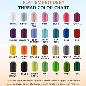 Puede incluir: Una carta de colores de hilo para bordado plano con veintiocho carretes dispuestos en cuatro filas. Cada carrete est&aacute; etiquetado con su nombre de color correspondiente, incluyendo blanco, plata, rosa, lila, fucsia, morado, magenta, azul, rojo, amarillo, naranja, marr&oacute;n, beige, esta&ntilde;o, negro, verde y azul verdoso.