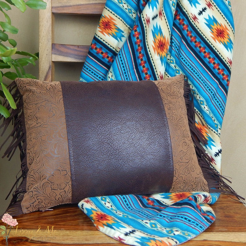 Brown Leather Western Pillow With Fringe Southwestern Accent Etsy