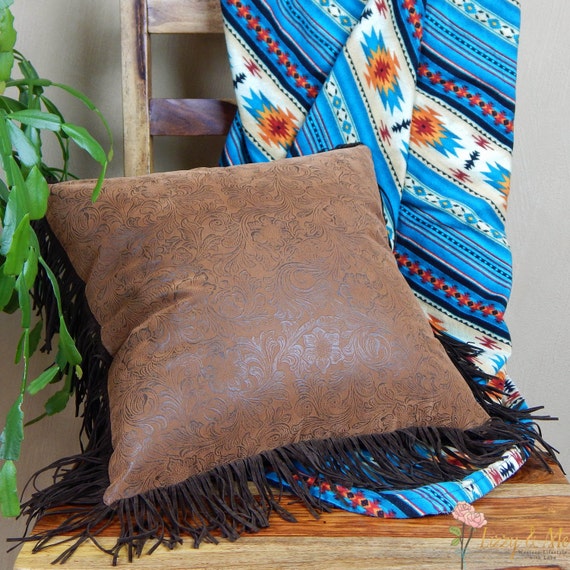 Western Leather Pillow with Fringe Tooled Brown Rustic Etsy