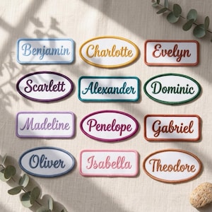 Parche bordado personalizado, etiqueta termoadhesiva con nombre para mochila escolar infantil, parche bordado rectangular ovalado para chaquetas y uniformes.